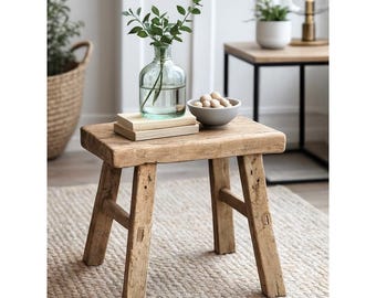 Rustic Oak Wooden Stool Handmade / Reclaimed Oak Wood Skinny Bench / Vintage Farmhouse Stool / Narrow Wood Entryway Bench / Oak Wood