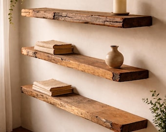 Estante rústico de pared de madera de roble: estante de madera natural hecho a mano / Decoración para cocina, oficina y baño / Almacenamiento de pared vintage / Estantes / Madera de roble