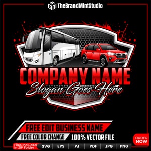 May include: A red and white logo design featuring a white bus and a red SUV. The logo has the text "COMPANY NAME" in red and "Slogan Goes Here" in white. The logo is set against a black background with a red and white hexagonal pattern.