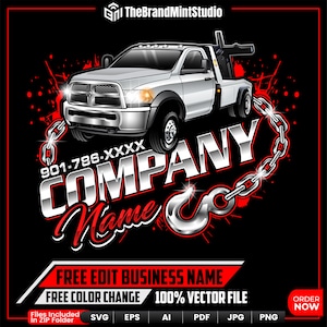 May include: A white tow truck with a silver chain and hook, with the text "901-786-XXXX COMPANY Name" in a silver, metallic font. The background is black with red splatters.