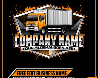 Consegna di autotrasporti Logistica del carico Spedizione Scatola di spedizione Contenitore di trasporto Autocarro con rimorchio Logo Design