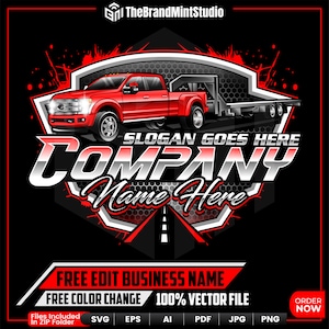 Puede incluir: Camioneta roja con un remolque de plataforma, un logotipo de empresa con el texto "SLOGAN GOES HERE COMPANY Name Here", y las palabras "FREE EDIT BUSINESS NAME FREE COLOR CHANGE 100% VECTOR FILE" en texto rojo y blanco.