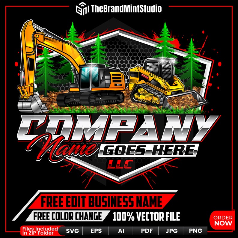 Excavation Excavator Skid Steer Mini Excavator Construction Industrial Machinery Bulldozer Heavy Equipment Digging Mining Logo Design