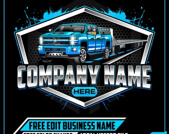 May include: A blue pickup truck with a flatbed trailer, set against a black background with a silver and white hexagonal design. The text "COMPANY NAME HERE" is displayed in a silver font. The text "FREE EDIT BUSINESS NAME FREE COLOR CHANGE 100% VECTOR FILE" is displayed in white and blue. The text "ORDER NOW" is displayed in white and blue. The text "Files Included In ZIP Folder" is displayed in white. The text "SVG EPS AI PDF JPG PNG" is displayed in white.