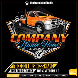 Tow Trucking Logo Design, Pickup Truck Logo, Flatbed Truck Logo, Towing Truck Logo, Tow Car Logo, Towing Business Logo, Tow Chain & Hook SVG