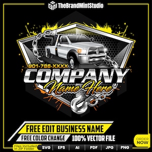 Op de afbeelding: Een witte sleepwagen met een zilveren ketting en haak, tegen een zwarte achtergrond met een geel en zilveren zeshoekig patroon. De tekst "COMPANY Name Here" is in een zilveren, metalen lettertype. Het telefoonnummer 901-786-XXXX is ook opgenomen. De tekst "FREE EDIT BUSINESS NAME", "FREE COLOR CHANGE" en "100% VECTOR FILE" zijn in geel en zwart. De tekst "ORDER NOW" staat in een gele rechthoek.