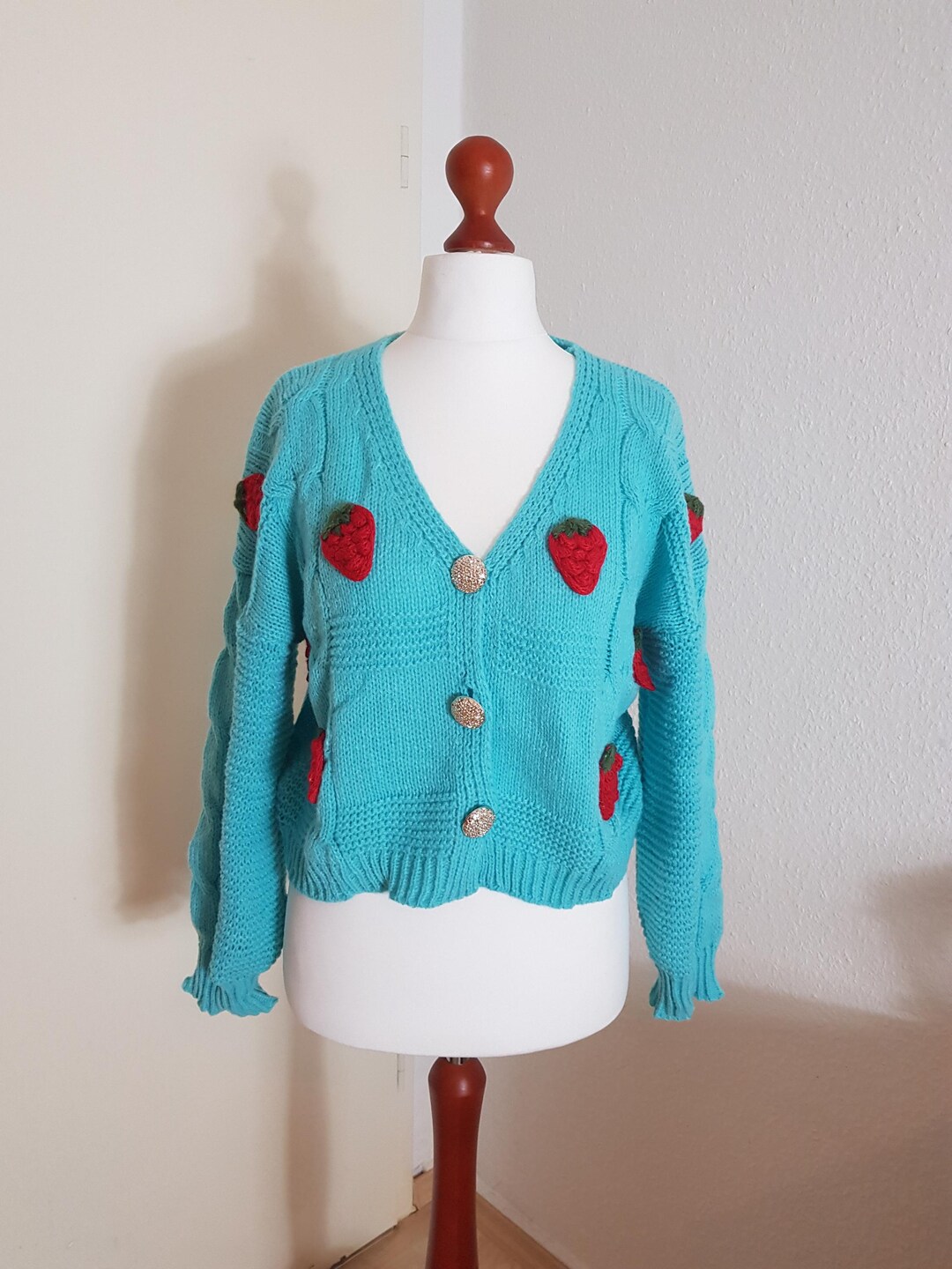 Stylish and Sweet V-neck Strawberry Embellished Knitted Cardigan