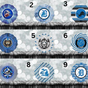 May include: A collection of nine Detroit Lions-themed decorative wind spinners. Each spinner features a different design, including the team logo, a lion's head, and the team's name. The spinners are in shades of blue, silver, and white.