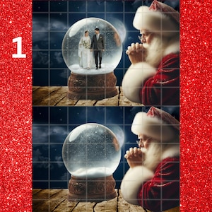 May include: A snow globe featuring a couple in wedding attire, set against a winter night scene. The globe sits on a decorative base. Santa Claus is shown in the background, with his hands clasped in prayer. The image has a grid overlay and a red glitter border.