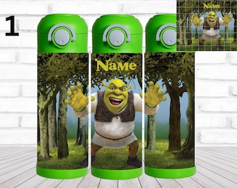 May include: Green water bottle featuring the character Shrek with the word "Name" in yellow. The bottle has a green lid and base, with a forest background. The Shrek image is centered on the bottle.