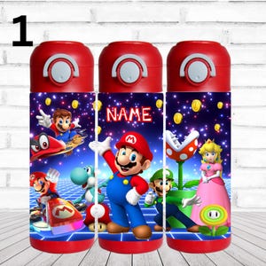 May include: Three red insulated water bottles with a blue and black design featuring characters from the video game Super Mario Bros. The bottles have a silver lid with a flip top. The middle bottle has the word "NAME" printed on it.