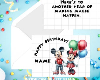 5x7 Personalized /Custom  Mickey and Minnie Mouse Happy Birthday Greeting Card