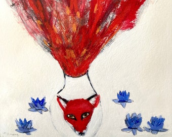 fox and blue lotus energy  jill emery folk art outsider fox portrait  free us shipping