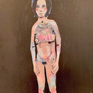 EMERY original painting &#39;she finds herself in space&#39;   woman portrait meditation folk art  outsider figurative