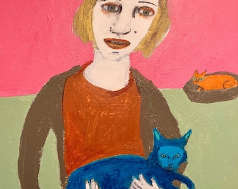 jill emery original painting see full image  'simplicity' cat art woman and cats folk art free us shipping