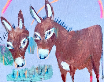 donkeys manifest better pastures  jill emery folk art donkey art  original painting free us shipping