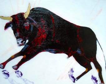 EMERY original painting &#39;this bull runs on its own&#39; animal rights outsider art expressionism folk