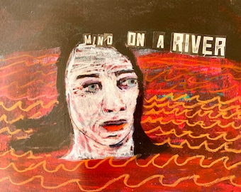 expressionism folk art  'mind on the river' jill emery  drifting thoughts original art free us shipping