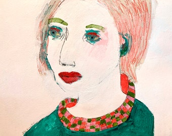 folk art jill emery original painting woman portrait  expressionism free us shipping