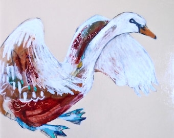 EMERY original painting &#39;peace dove calls swan for back up&#39;  folk  outsider expressionism swan volunteers rally