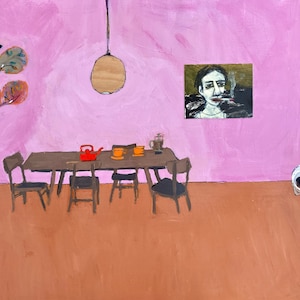 May include: A painting of a dining room with a pink wall, a brown table with four chairs, a red teapot, orange cups, and a black cat in a white cat bed. There is a painting of a person on the wall and a light fixture hanging from the ceiling.