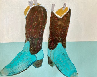 some see cowboy boot others a divided state   jill emery folk art original art vintage cowboy boots free us shipping