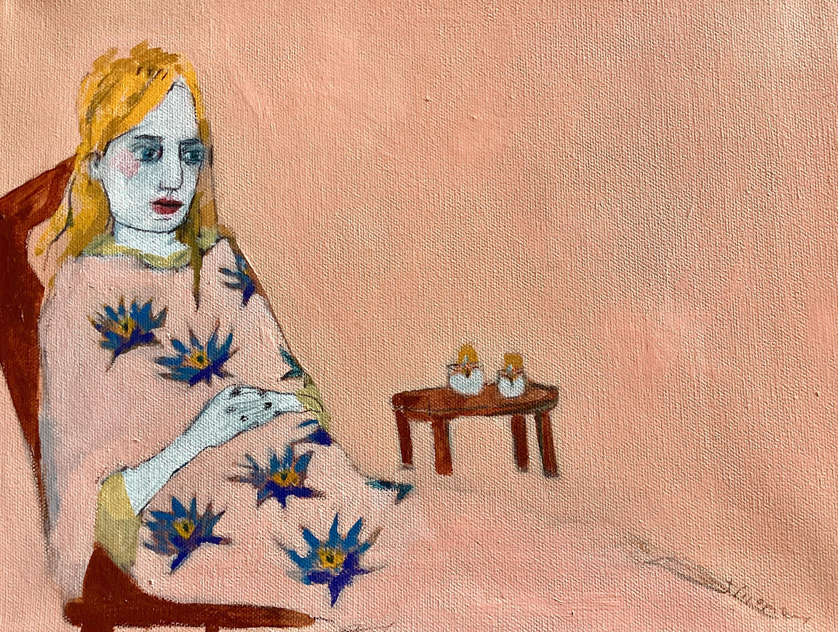 she finds comfort in blue lotus blanket jill emery original painting folk art contemporary art free us shipping