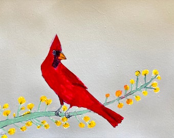 EMERY original painting 'northern cardinal ' jill emery birds  folk art outsider northern cardinal