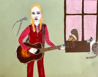 aimee mann and friends doing home recording  jill emery folk art original painting free us shipping