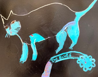gato azul blues jill emery arte popular outsider arte pintura original