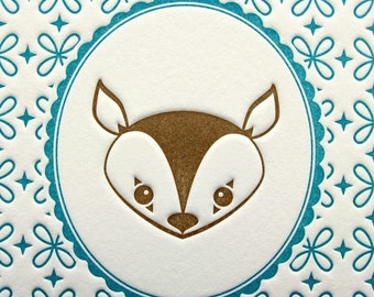 Letterpress Print Deer Portrait 5 by 7 Inch Brown & Aqua Turquoise