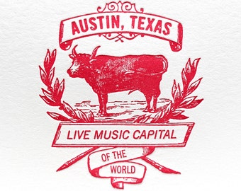 Letterpress Card Austin Live Music Cow Card in Red