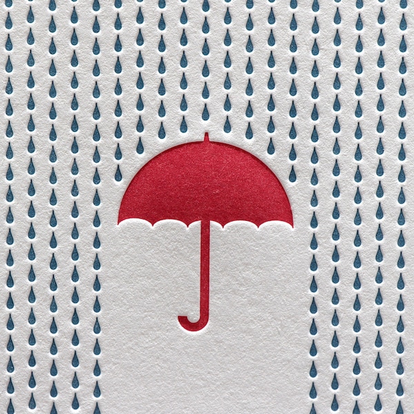 Rain Letterpress Card, Blue Red, Umbrella, Shower Letterpress Card, Sympathy Grief Letterpress, Wedding Shower, Engagement Card