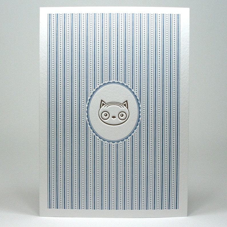 Letterpress Print Cat Art Print 5 by 7 Inch Brown & Blue image 3