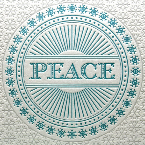 Letterpress Holiday Card Silver and Blue Peace Snowflake Winter