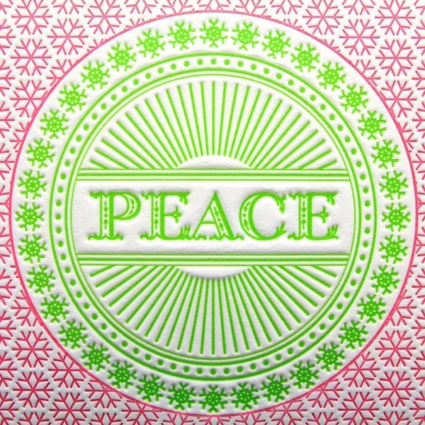 Set of 6 - Peace Snowflake Letterpress Cards in Green and Pink