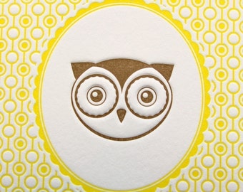 Letterpress Print Woodland Nursery Owl Portrait 5 by 7 Inch Brown/Yellow,