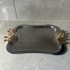 Square metal tray ornament centerpiece silver foil serving platter perfume holder organiser kitchen dining bling flower floral gift idea