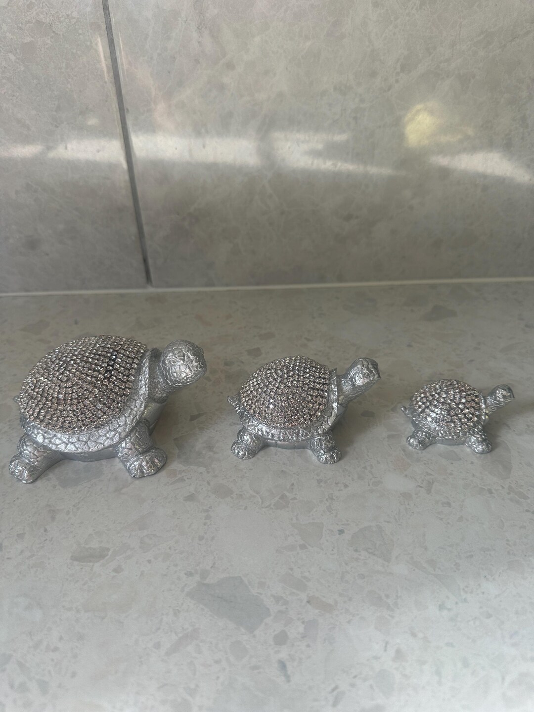 Turtle Shell Bling Silver Crushed Diamond Diamante Crystal Cute Set of 3 Turtle Turtoise ...