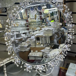 Große runde Spiegel Tablett Ornament Herzstück Silber Glas Servierplatte Parfüm Halter Organizer Küche Esszimmer Schmuck Rand Geschenk