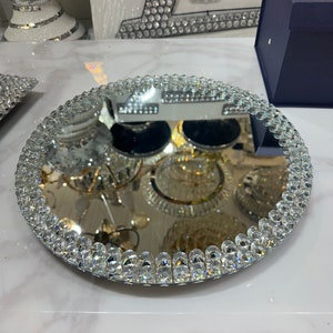 Turning spinning round mirror tray ornament centerpiece silver glass serving platter perfume holder organiser bling crystal gift Home decor