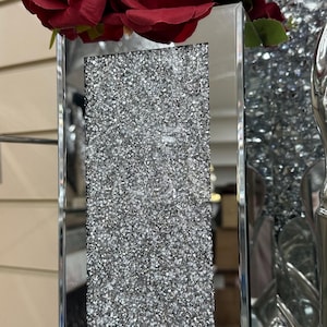Mirror Glass Square Flower Vase in Silver Crushed Diamond Crystal Diamante Filled Gift New Bling Sparkle Home Decoration Chic