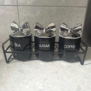 Svart Silver Rosett Keramik Porslin Te Kaffe Sockerburk Lufttät Lock Ställ Behållare Lätt att Rengöra Hem Köksinredning Förvaringsorganisatör Bling