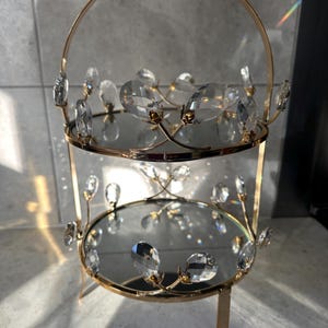 Vassoio rotondo a specchio a 2 livelli, centrotavola, vassoio da portata in vetro dorato, porta profumo, organizer, cucina, sala da pranzo, bordo in cristallo scintillante, regalo