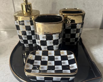 Bathroom 5 piece set soap dispenser dish toothbrush toothpaste holder tray ceramic black white gold home decor decoration bling sparkle gift