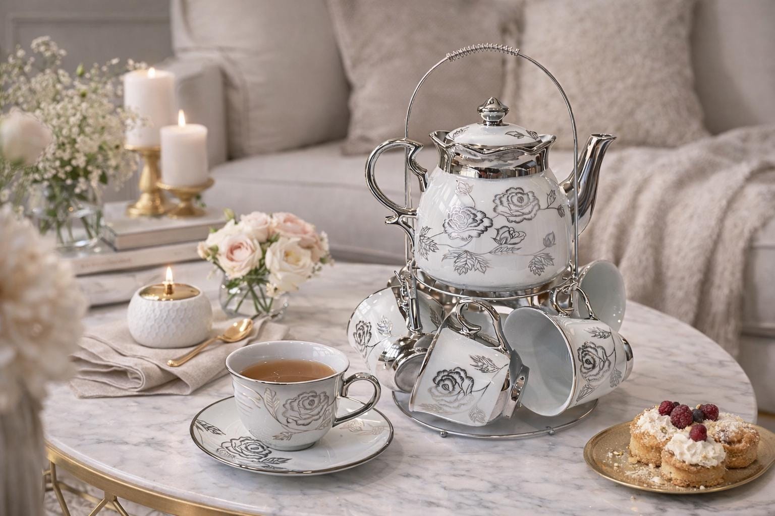 食器  tea set 14 Piece Silver White Tea Set Teaset 6 People Serving Kawa Tea Cup
