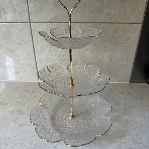 Alzata per torta in vetro martellato dorato a 3 livelli, vassoio per cibo, vassoio per snack, stoviglie, arredamento per la casa, decorazione per la cucina, regalo scintillante