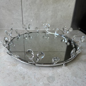 large round mirror tray ornament centerpiece silver glass serving platter perfume holder organiser kitchen dining bling crystal border gift