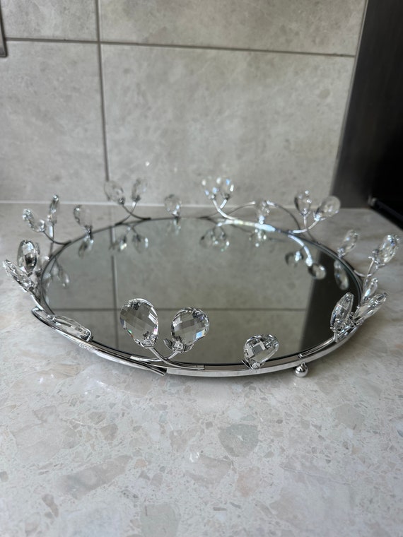 Große runde Spiegel Tablett Ornament Herzstück Silber Glas Servierplatte Parfüm Halter Organizer Küche Esszimmer Schmuck Rand Geschenk