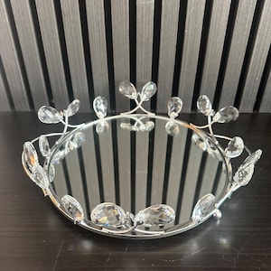 Small round mirror tray ornament centerpiece silver glass serving platter perfume holder organiser kitchen dining bling crystal border gift